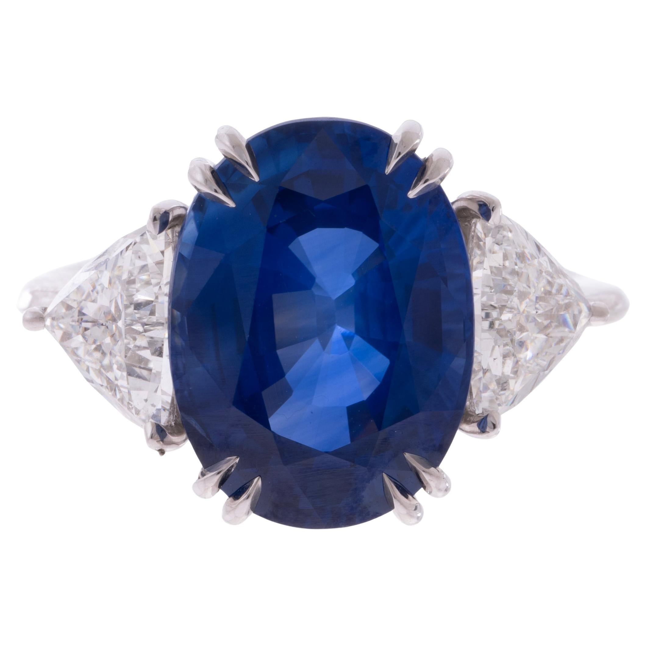 10.52ct. Blue Sapphire AGL & Trillion Cut Diamond Platinum Three-Stone Ring