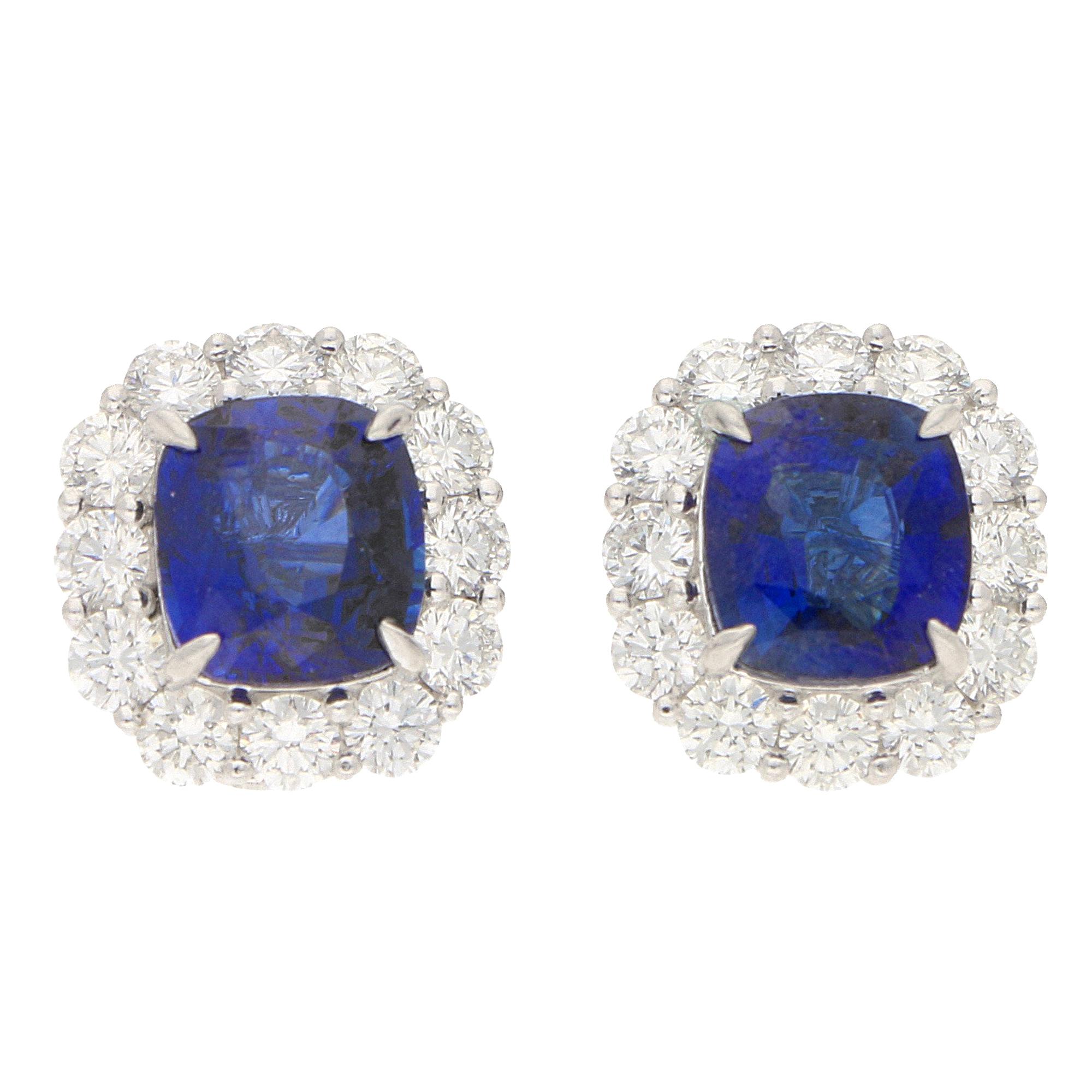 Sapphire and Diamond Cluster Stud Clip Earrings Platinum 10.52 Carat  For Sale