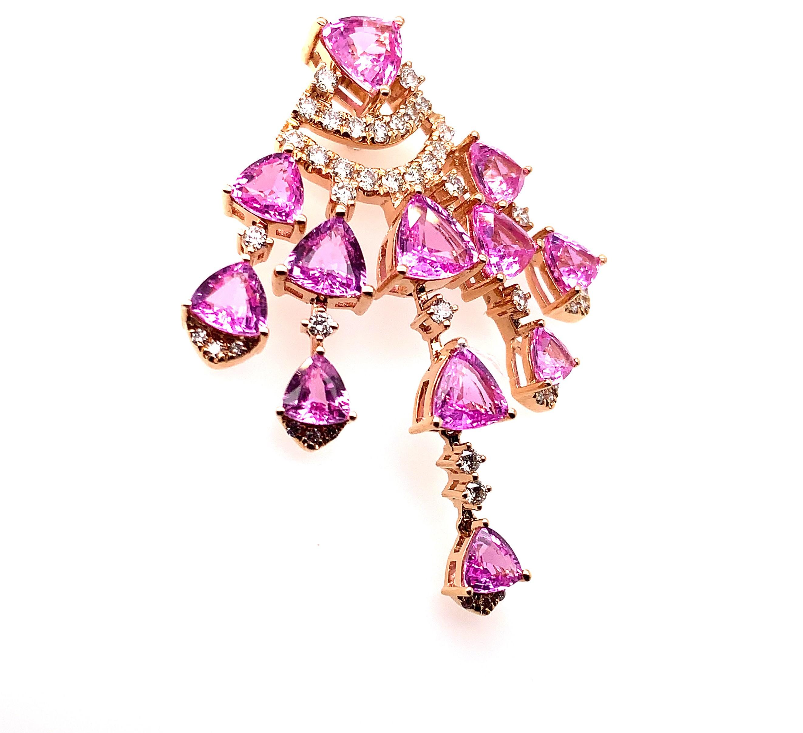 Mixed Cut Sunita Nahata Pink Sapphire 10.53ct. Earrings in 18KRG with Diamond. For Sale