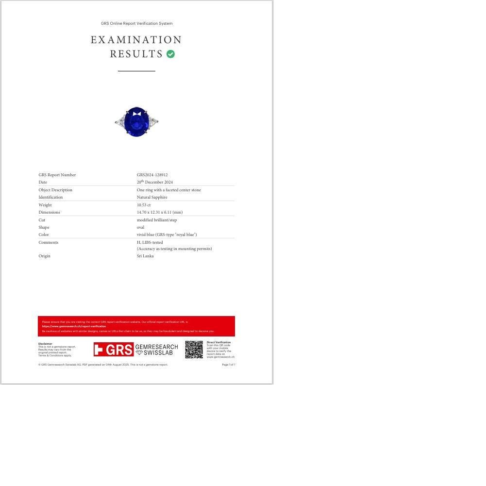 10,53 Karat  Royal-Blue Ceylon Sapphire Diamond Platinum Ring, GRS zertifiziert Damen im Angebot