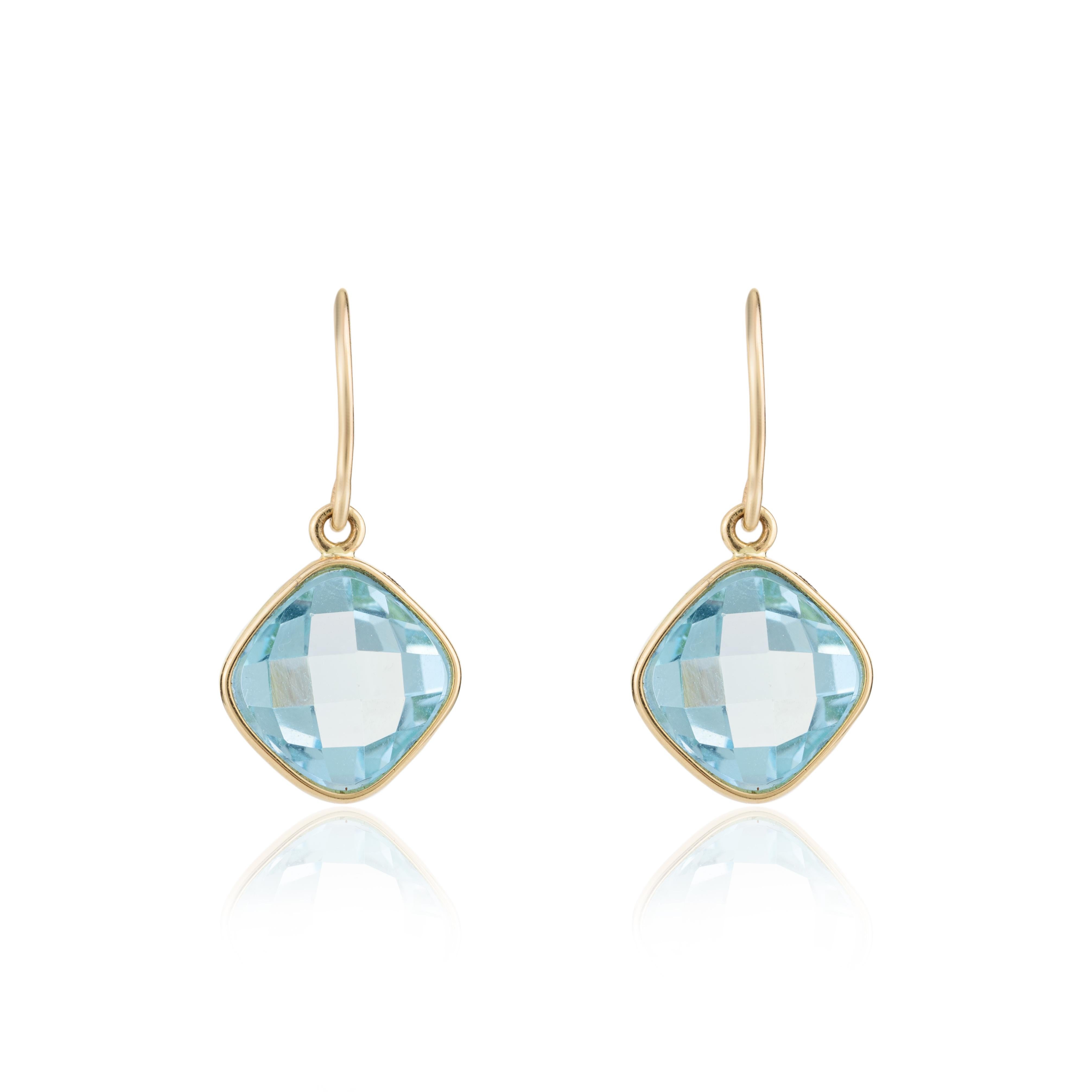 Modern 10.54 Carats Natural Blue Topaz Dangle Earrings 14k Solid Yellow Gold for Her For Sale