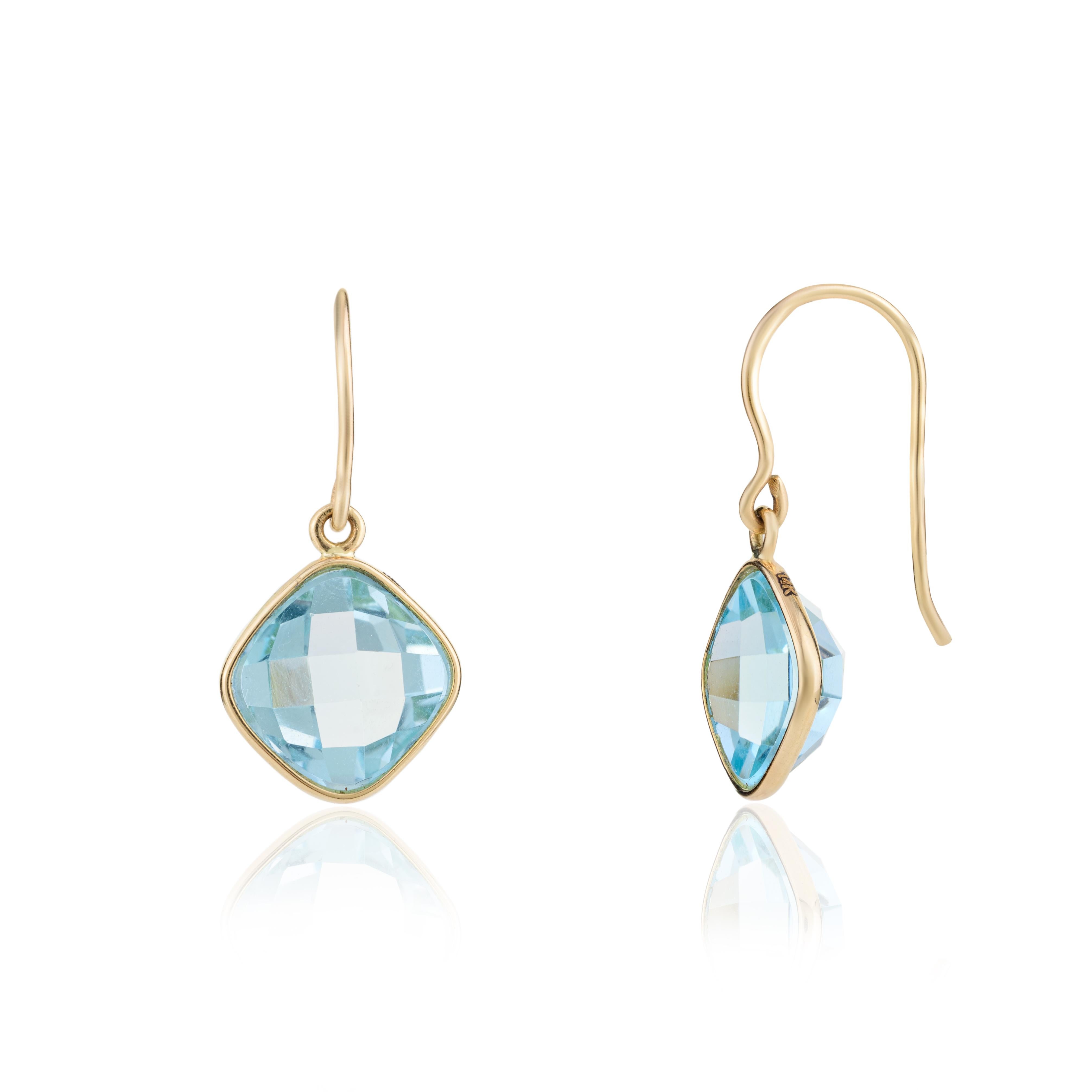10.54 Carats Natural Blue Topaz Dangle Earrings 14k Solid Yellow Gold for Her In New Condition For Sale In Houston, TX
