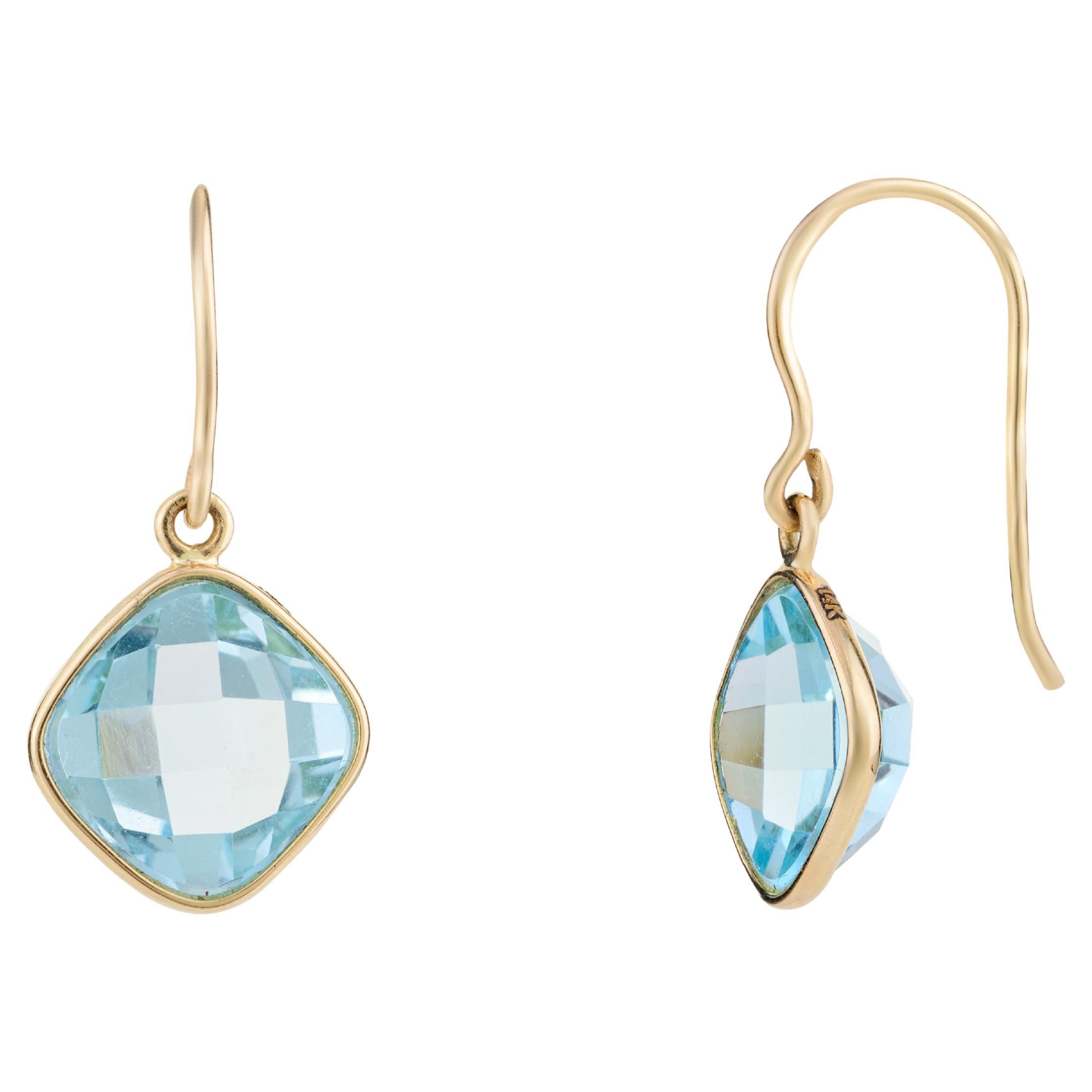 10.54 Carats Natural Blue Topaz Dangle Earrings 14k Solid Yellow Gold for Her For Sale