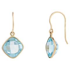 Pendants d'oreilles en or jaune massif 14 carats avec topaze bleue naturelle de 10,54 carats