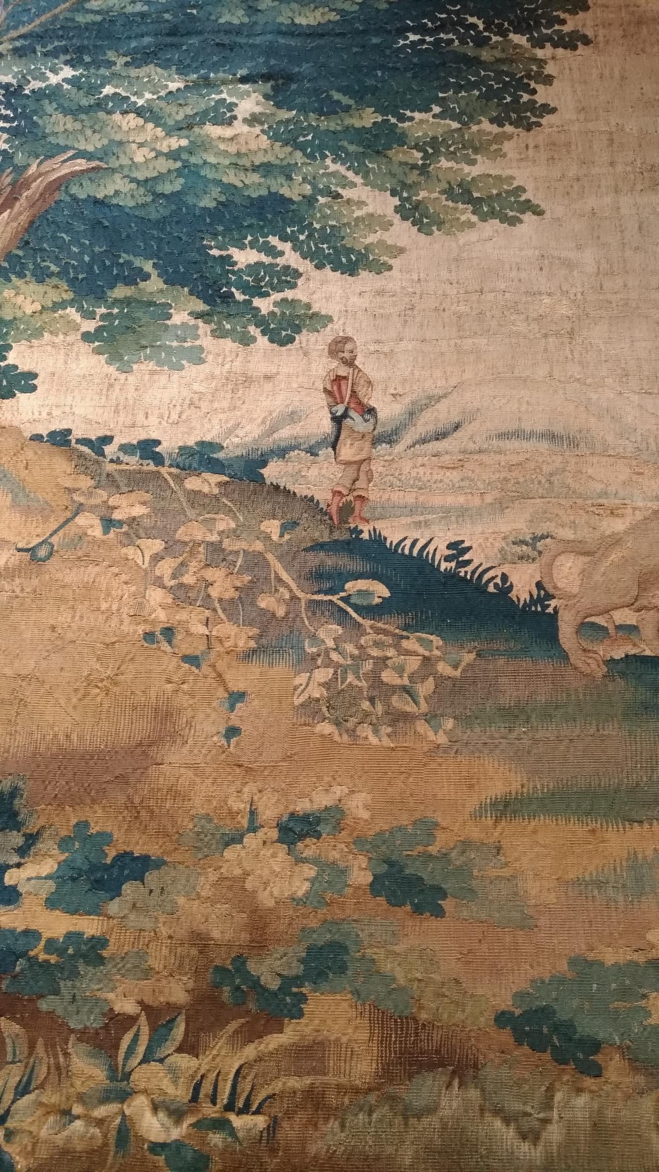 1054 - Luxurious 18th century Brussels tapestry with a very beautiful nature design, with a very pretty river coming from the mountains. with pretty natural colors, entirely and very finely hand-woven with wool and silk on a wool background.