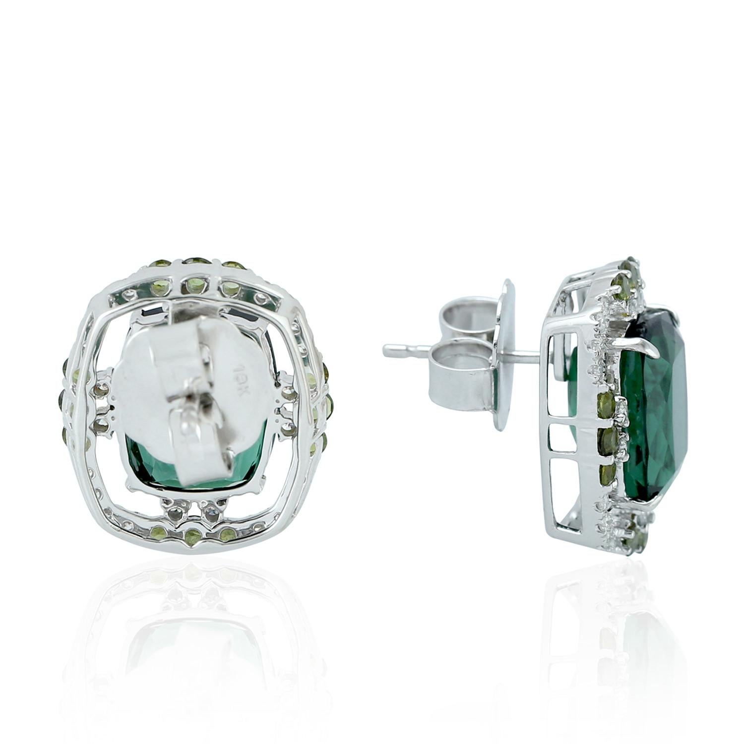 Contemporary 10.55 ct Green Tourmaline Studs With Diamonds Made In 18k White Gold For Sale