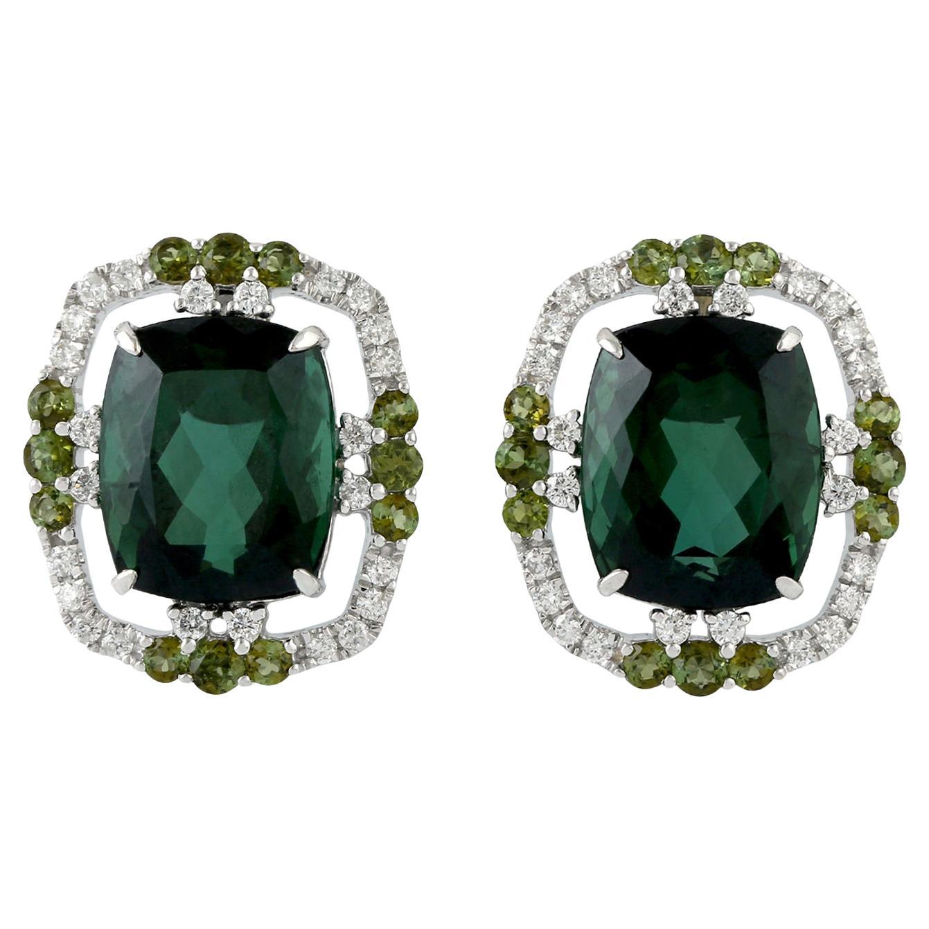 10.55 ct Green Tourmaline Studs With Diamonds Made In 18k White Gold For Sale