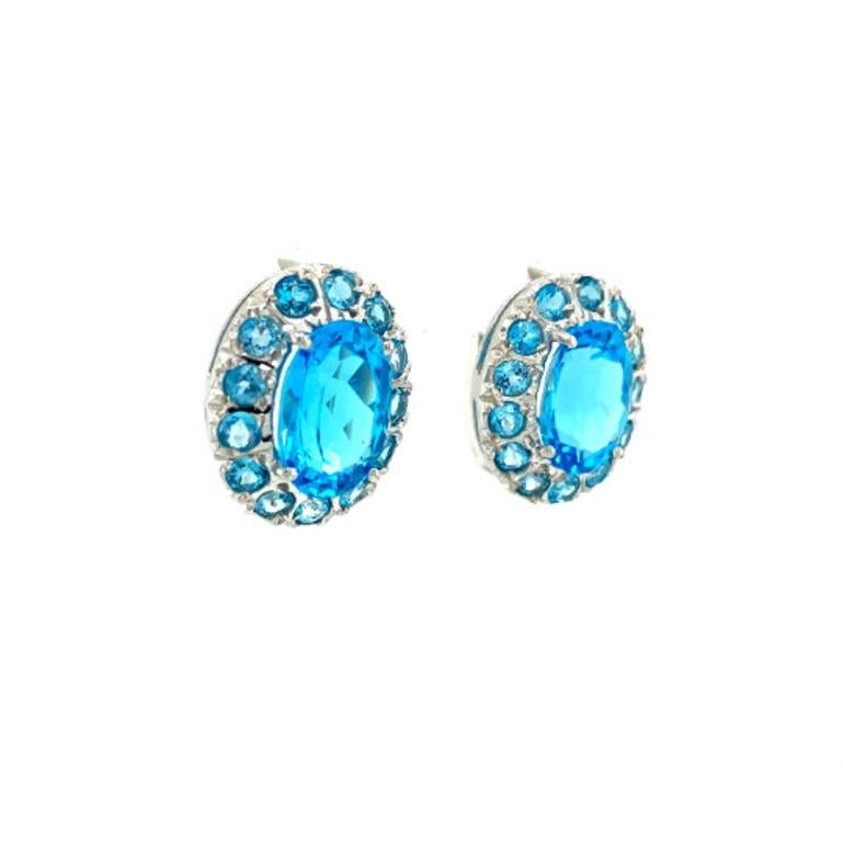 Art Nouveau 10.55 CTW Blue Topaz Halo Gemstone Stud Earrings in 925 Sterling Silver For Sale