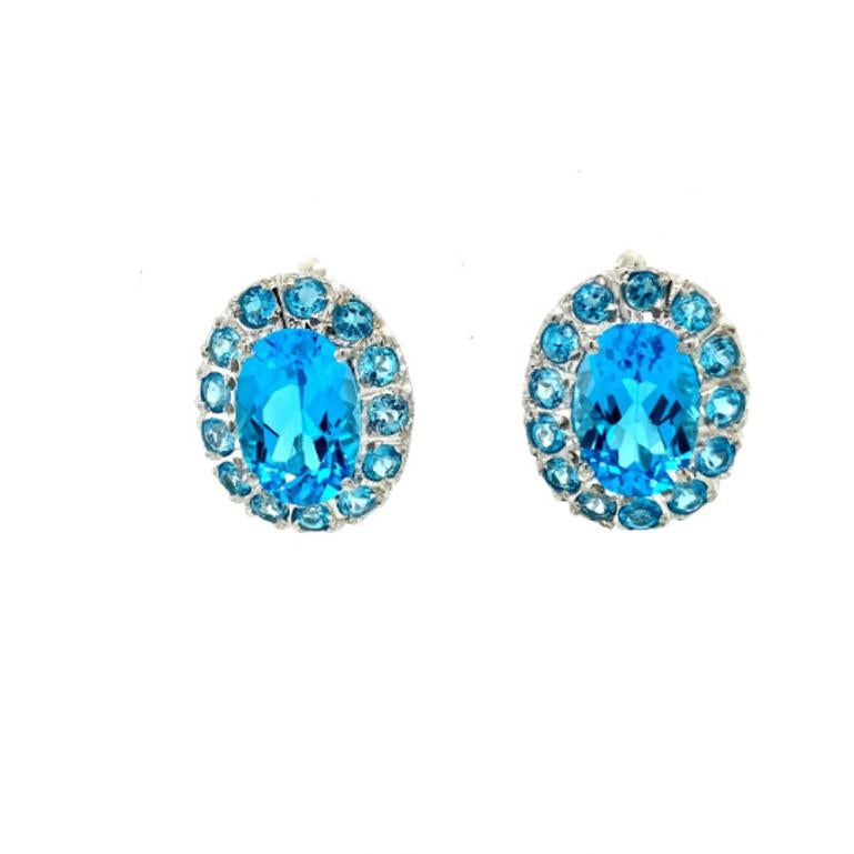 Mixed Cut 10.55 CTW Blue Topaz Halo Gemstone Stud Earrings in 925 Sterling Silver For Sale