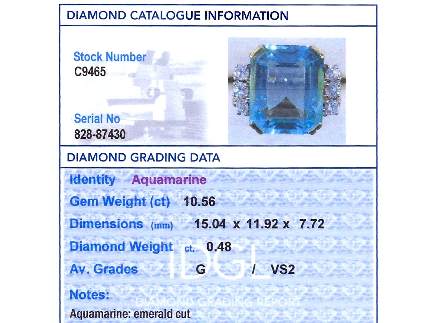 Anello in oro giallo 14k con acquamarina da 10,56 carati e diamante da 0,48 carati Circa 1960 in vendita 4