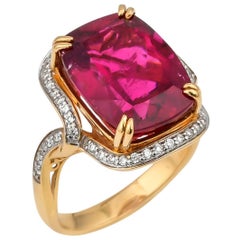 10.56 Carat Cushion Shaped Rubelite Ring in 18 Karat Yellow Gold with Diamonds