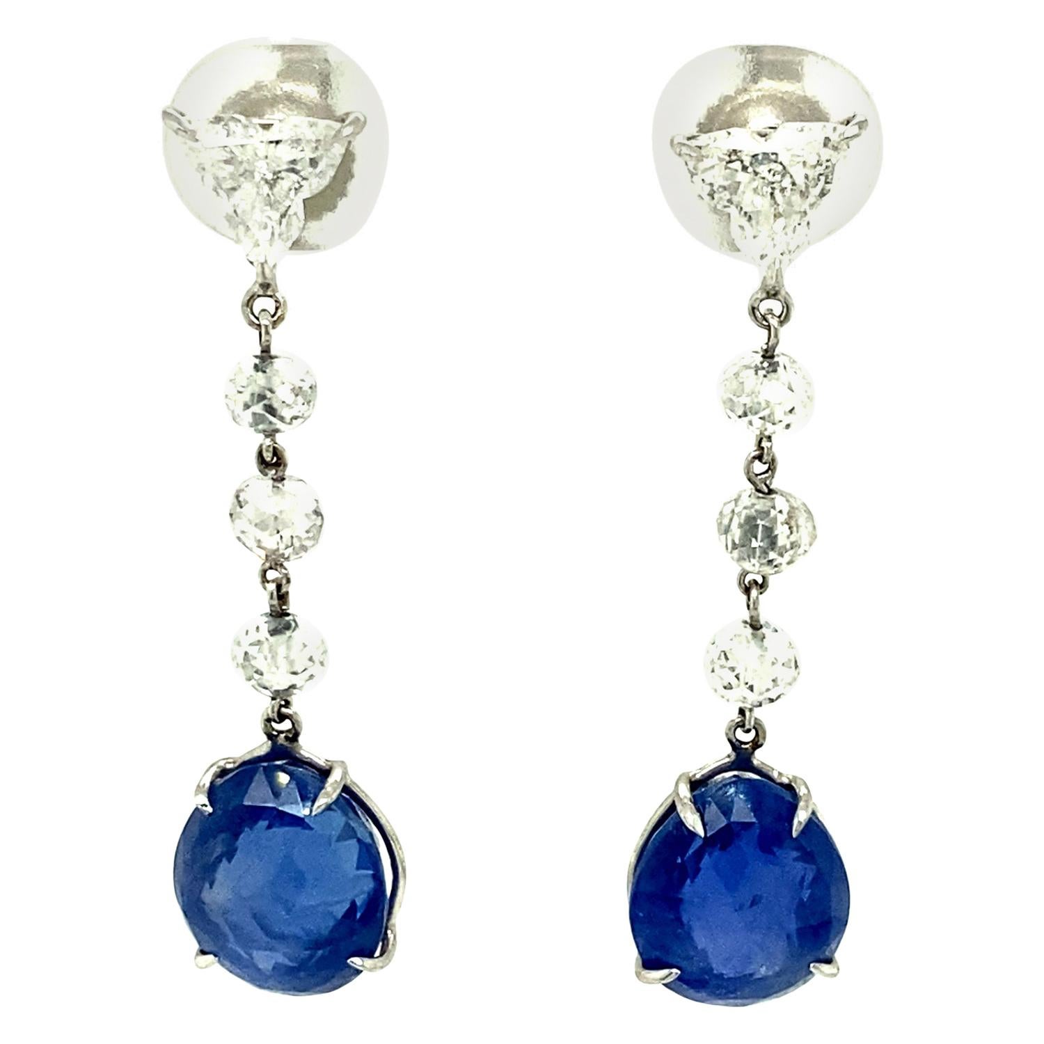 10.56 Carat GRS Certified Unheated Blue Sapphires and White Diamond Earrings