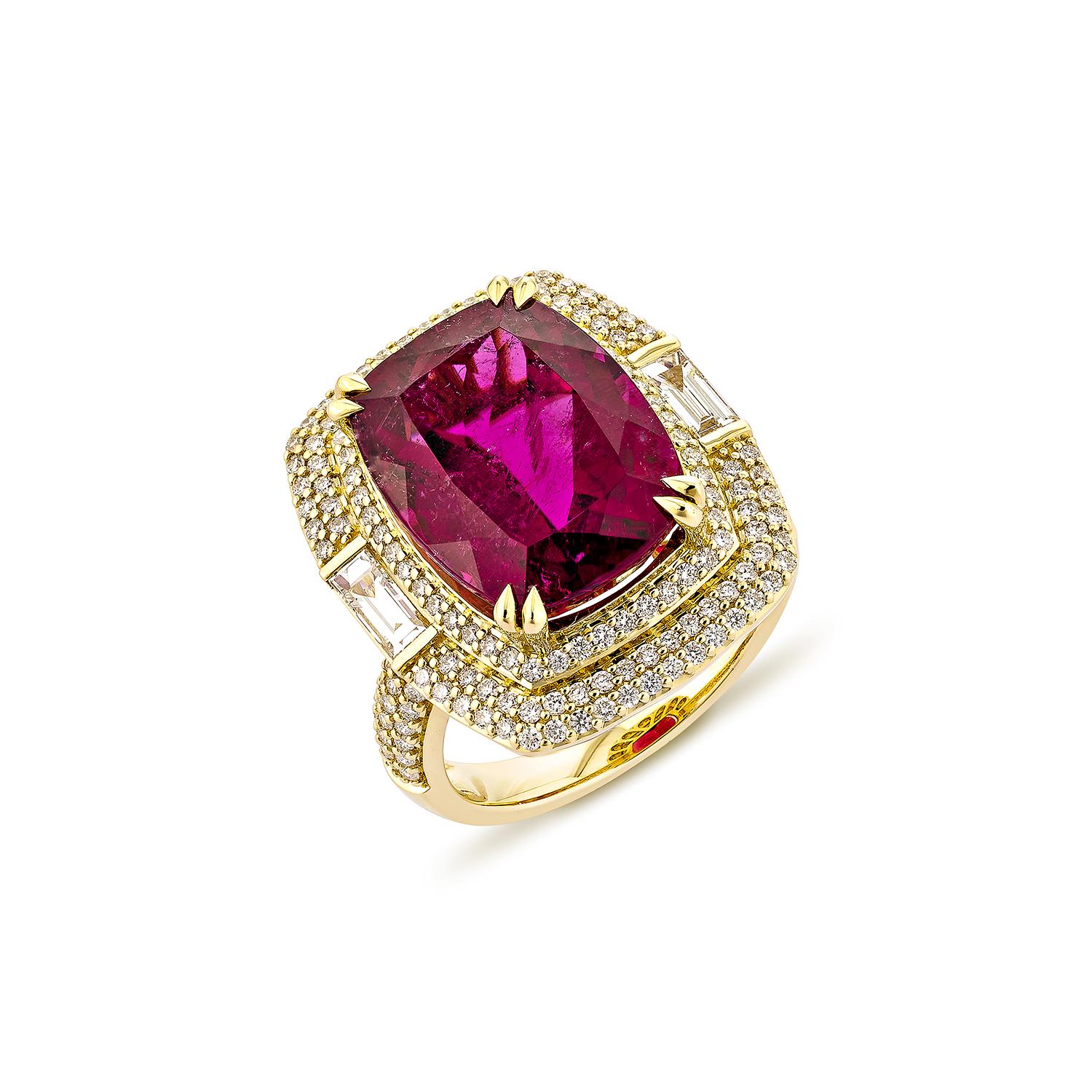 Contemporary 10.56 Carat Rubellite Fancy Ring in 18Karat Yellow Gold with White Diamond. For Sale