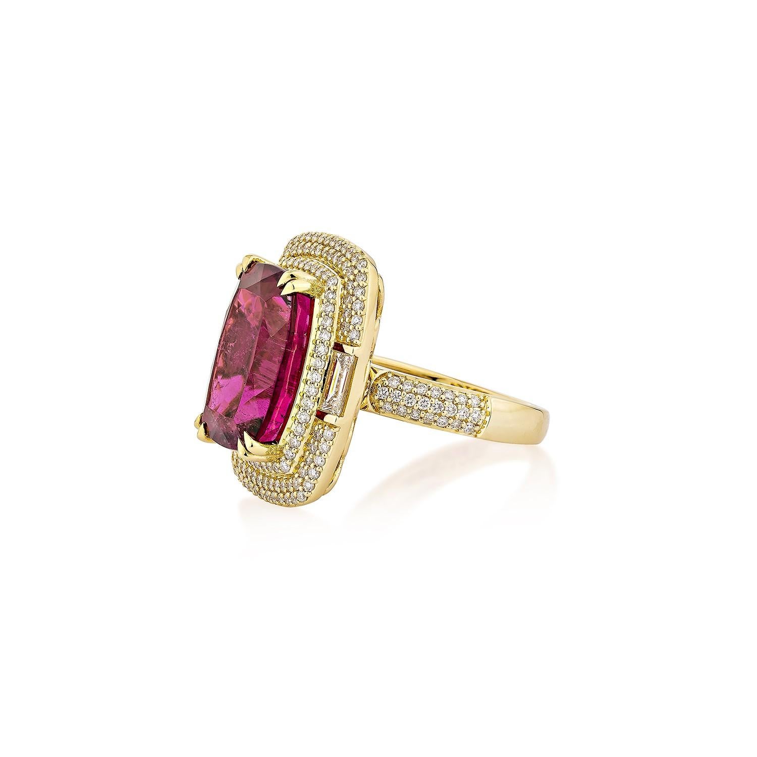 Cushion Cut 10.56 Carat Rubellite Fancy Ring in 18Karat Yellow Gold with White Diamond. For Sale