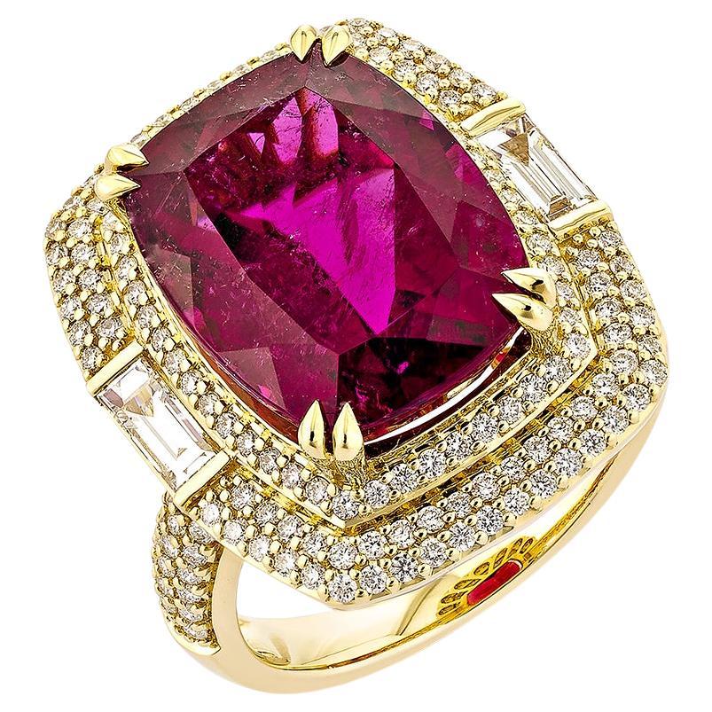 10.56 Carat Rubellite Fancy Ring in 18Karat Yellow Gold with White Diamond. For Sale