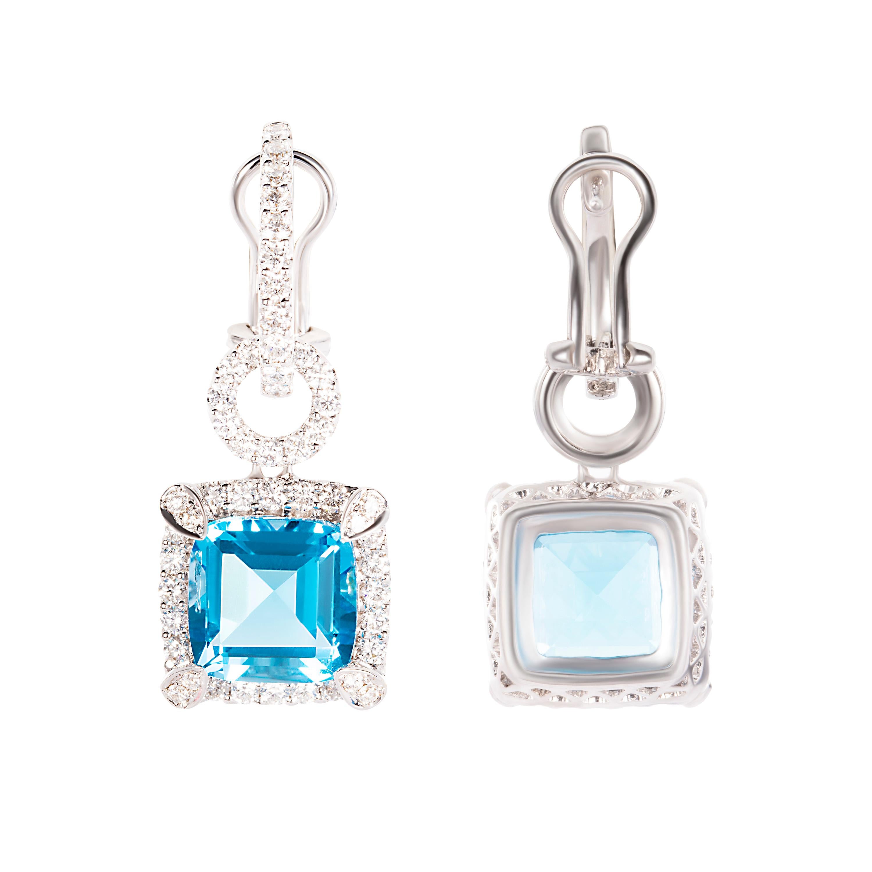 Taille Asscher Pendants d'oreilles en or blanc 18 carats avec topaze bleue de 10,57 carats et diamants en vente