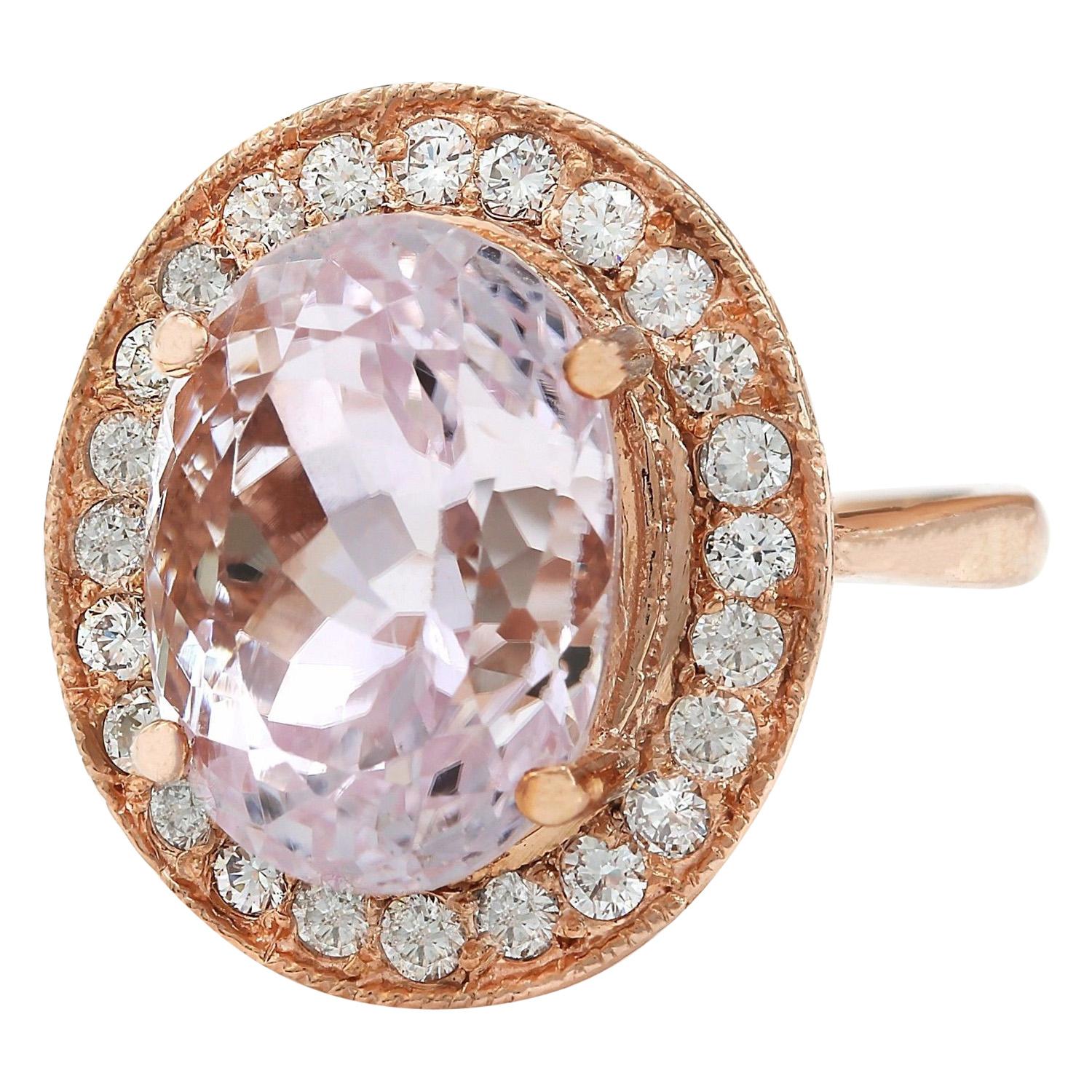 10.57 Carat Natural Kunzite 14K Solid Rose Gold Diamond Ring
 Item Type: Ring
 Item Style: Cocktail
 Material: 14K Rose Gold
 Mainstone: Kunzite
 Stone Color: Pink
 Stone Weight: 9.67 Carat
 Stone Shape: Oval
 Stone Quantity: 1
 Stone Dimensions: