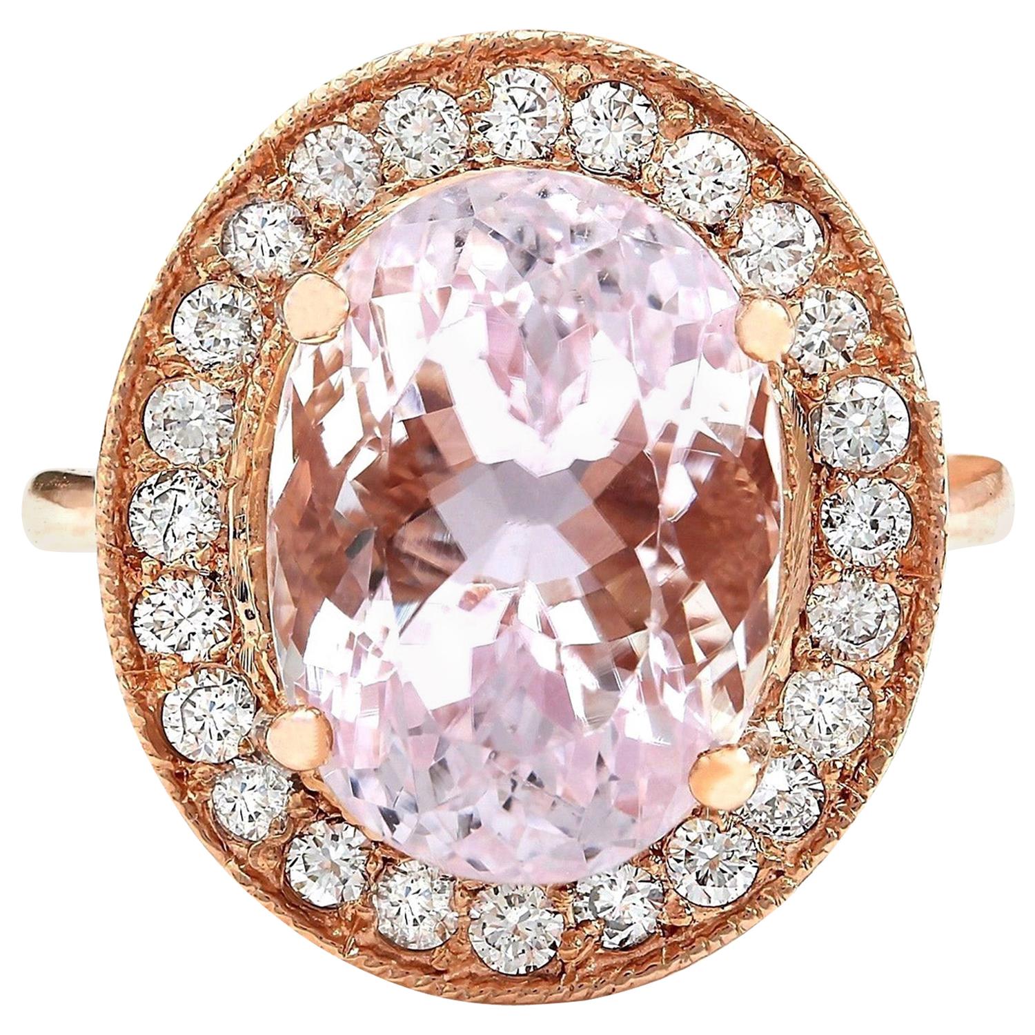 Natural Kunzite Diamond Ring In 14 Karat Solid Rose Gold  For Sale