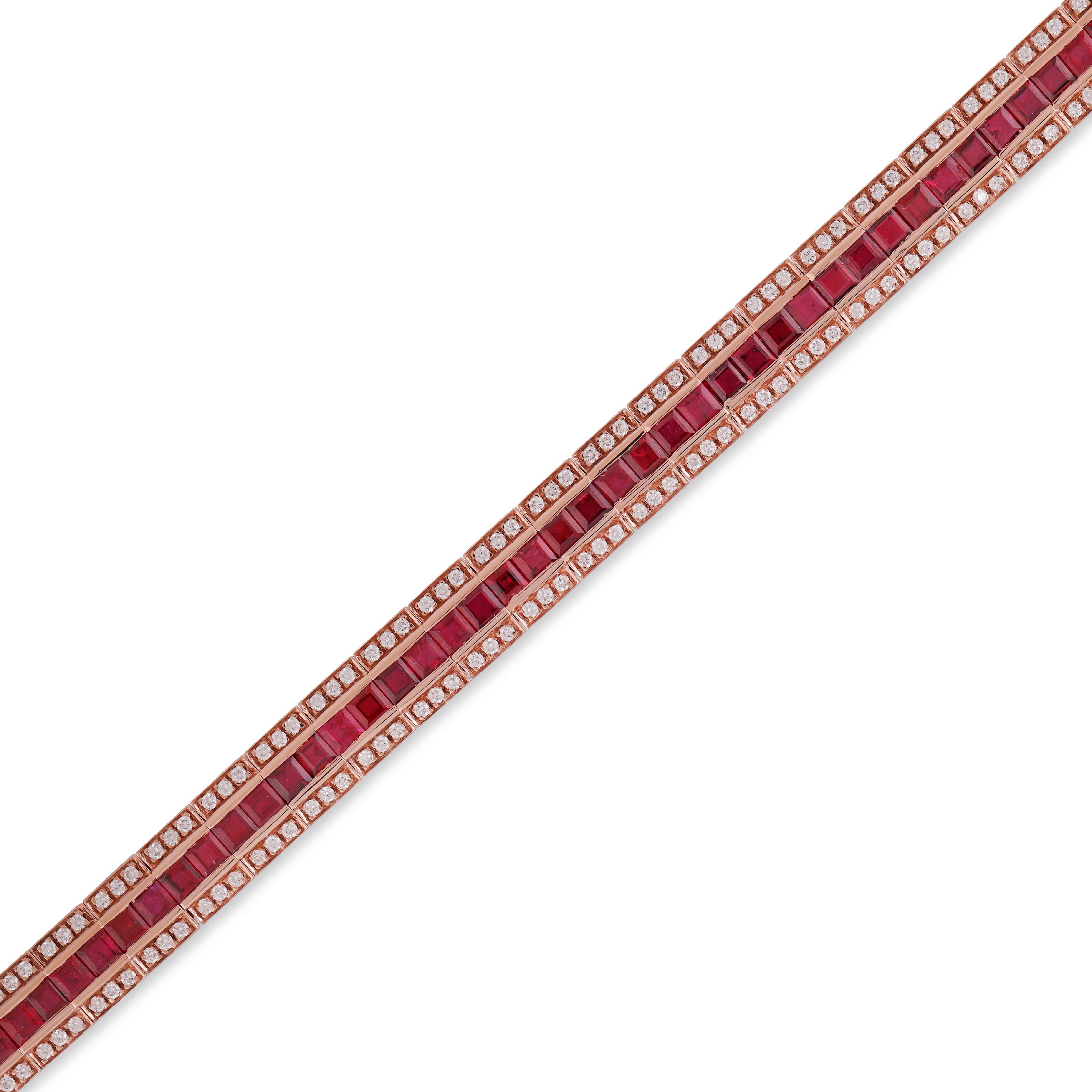 10.57 Carat Ruby 
 and Diamond  Bracelet in 18K Rose Gold

This magnificent Ruby Bracelet is incredulous.  Ruby are beautifully With  Diamonds & Small Diamond making the bracelet more graceful and adding depth.


Details of the piece:
Diamond : 1.62