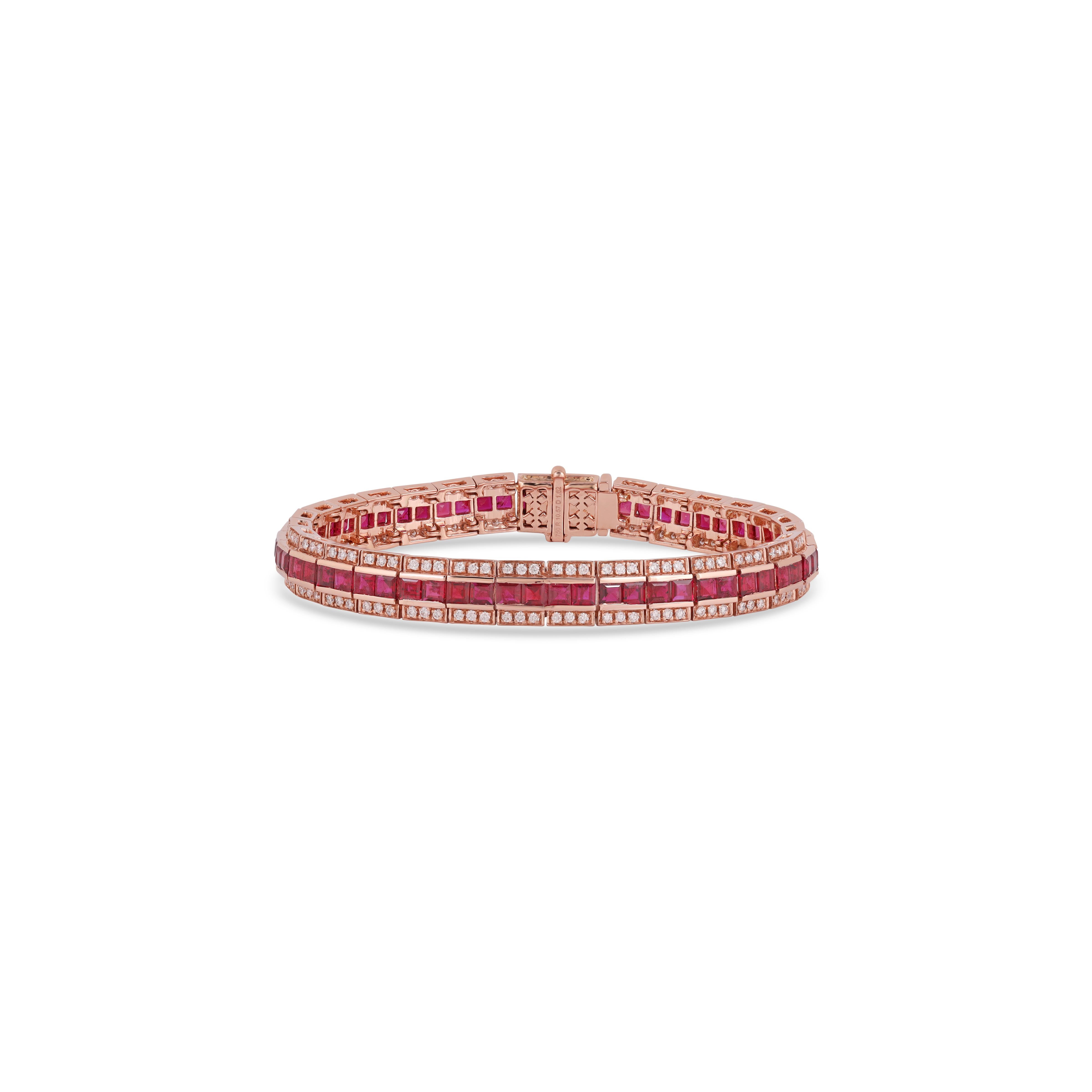 Contemporary 10.57 Carat Ruby and Diamond bracelet in 18k Rose Gold For Sale