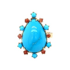 10.57 Carat Turquoise Saphir Or Jaune Bague Cocktail