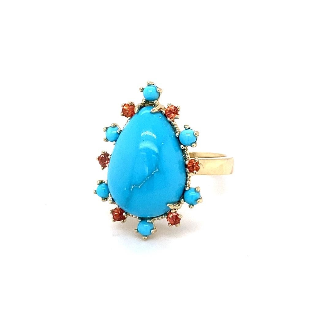 Pear Cut 10.57 Carat Turquoise Sapphire Yellow Gold Cocktail Ring For Sale