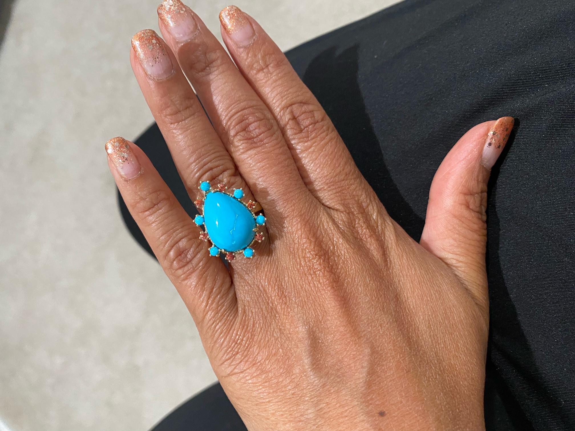 10.57 Carat Turquoise Sapphire Yellow Gold Cocktail Ring In New Condition For Sale In Los Angeles, CA