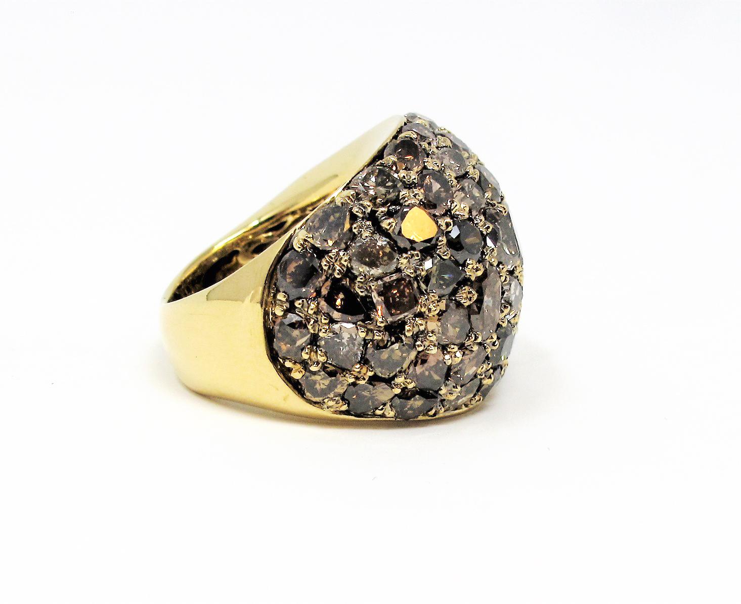 Contemporary Large Bombe Fancy Cognac Diamond Multi Cut Pave Dome Ring in 18 Karat Gold For Sale
