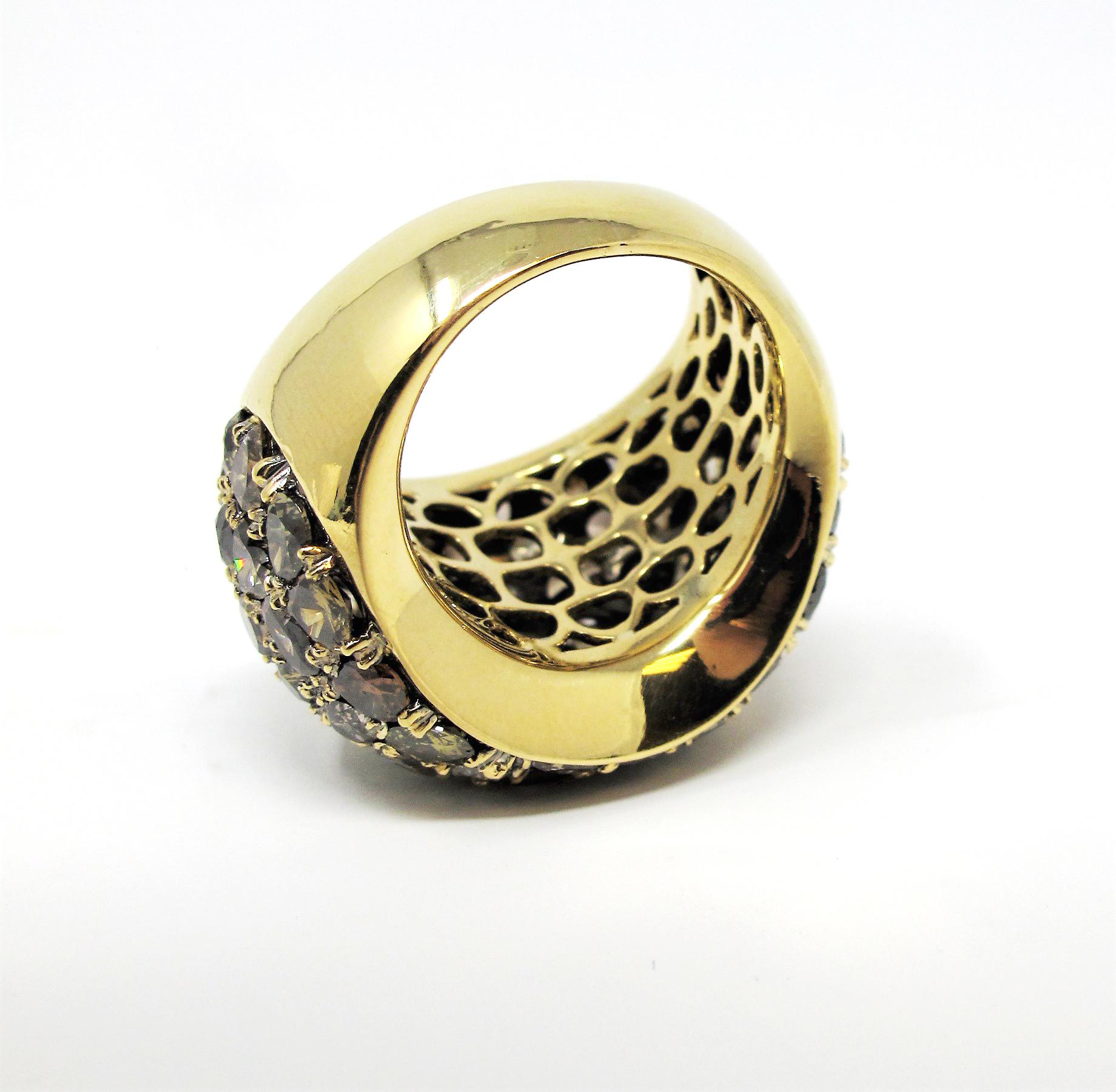 Large Bombe Fancy Cognac Diamond Multi Cut Pave Dome Ring in 18 Karat Gold In Good Condition For Sale In Scottsdale, AZ
