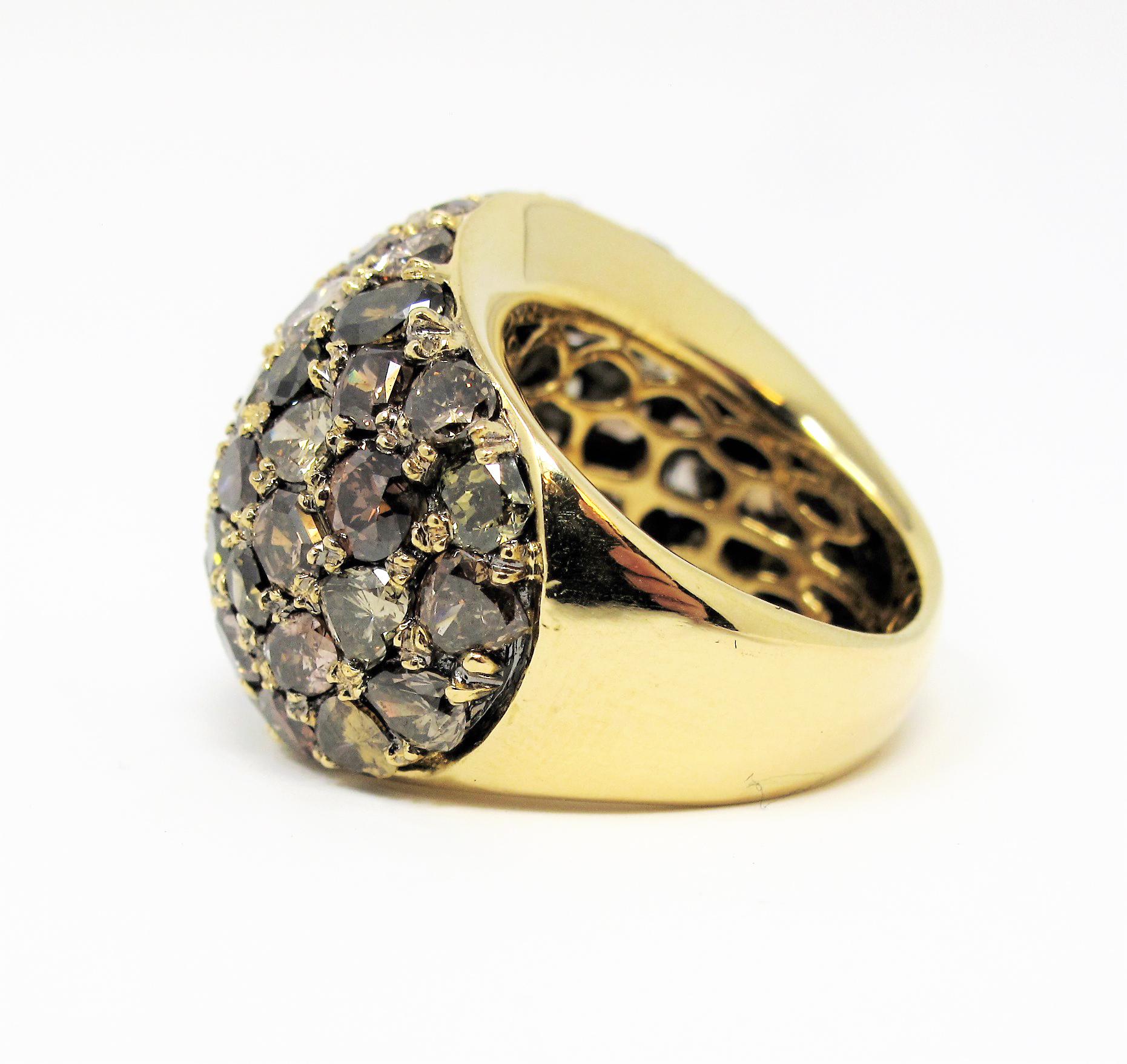 Women's Large Bombe Fancy Cognac Diamond Multi Cut Pave Dome Ring in 18 Karat Gold For Sale