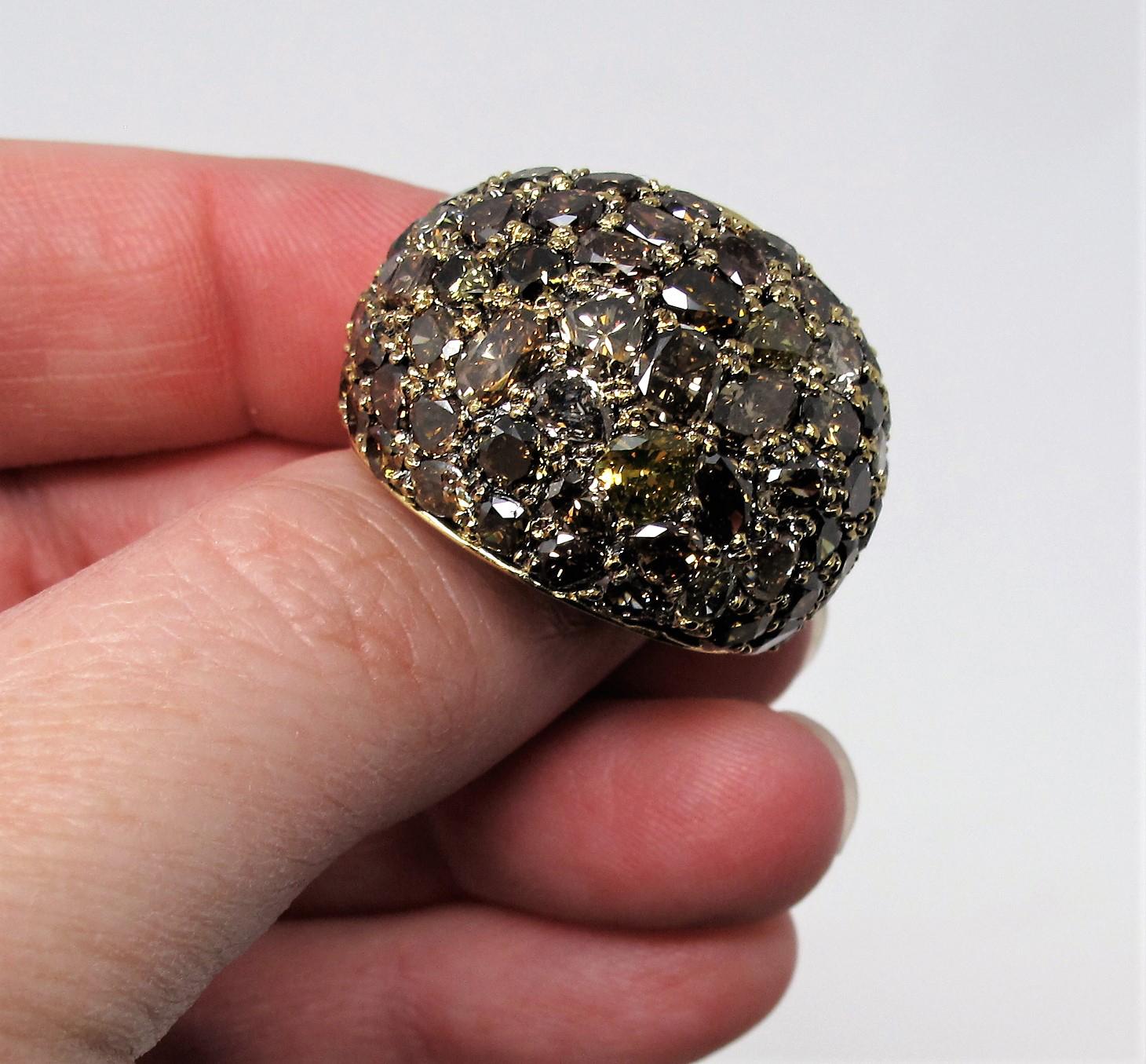 Large Bombe Fancy Cognac Diamond Multi Cut Pave Dome Ring in 18 Karat Gold For Sale 1