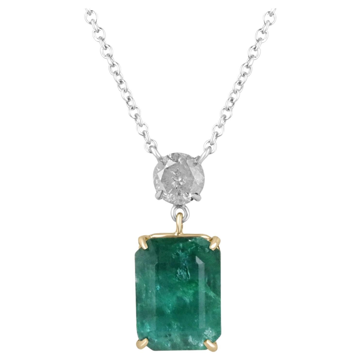 10,57tcw natürlicher sambischer Smaragd & Diamant-Akzent zweifarbiger 18" Halskette 14K im Angebot