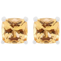 10.58 Carat Cushion Cut Yellow Beryl Stud Earrings 14 Karat White Gold