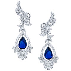 10.58 Carat Pear Shape Sapphire and 10.34 Carat Diamond Floral Drop Earrings