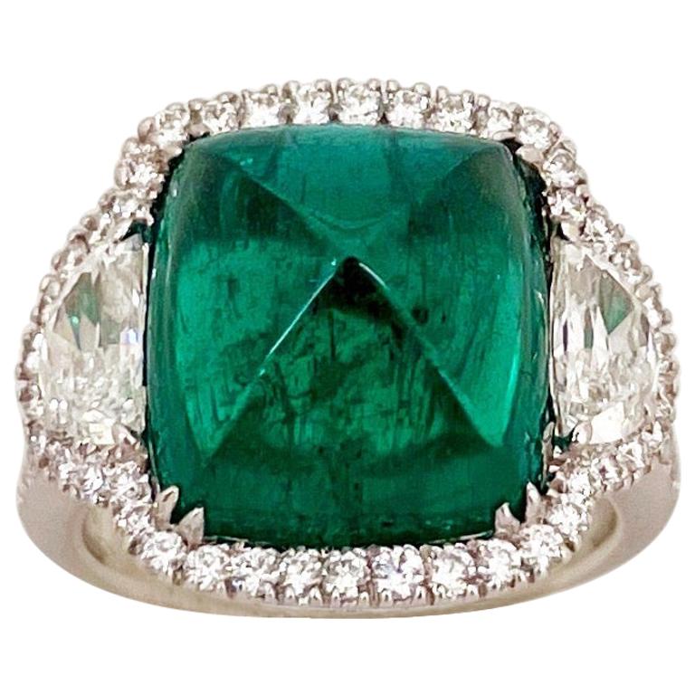 10.58 Carat Sugarloaf Cabochon Emerald and Diamond Ring For Sale