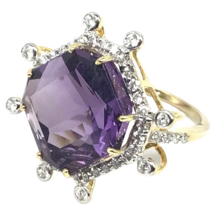 10.58 Carats Amethyst with Diamonds 0.48 Carats Ring in 14k Gold