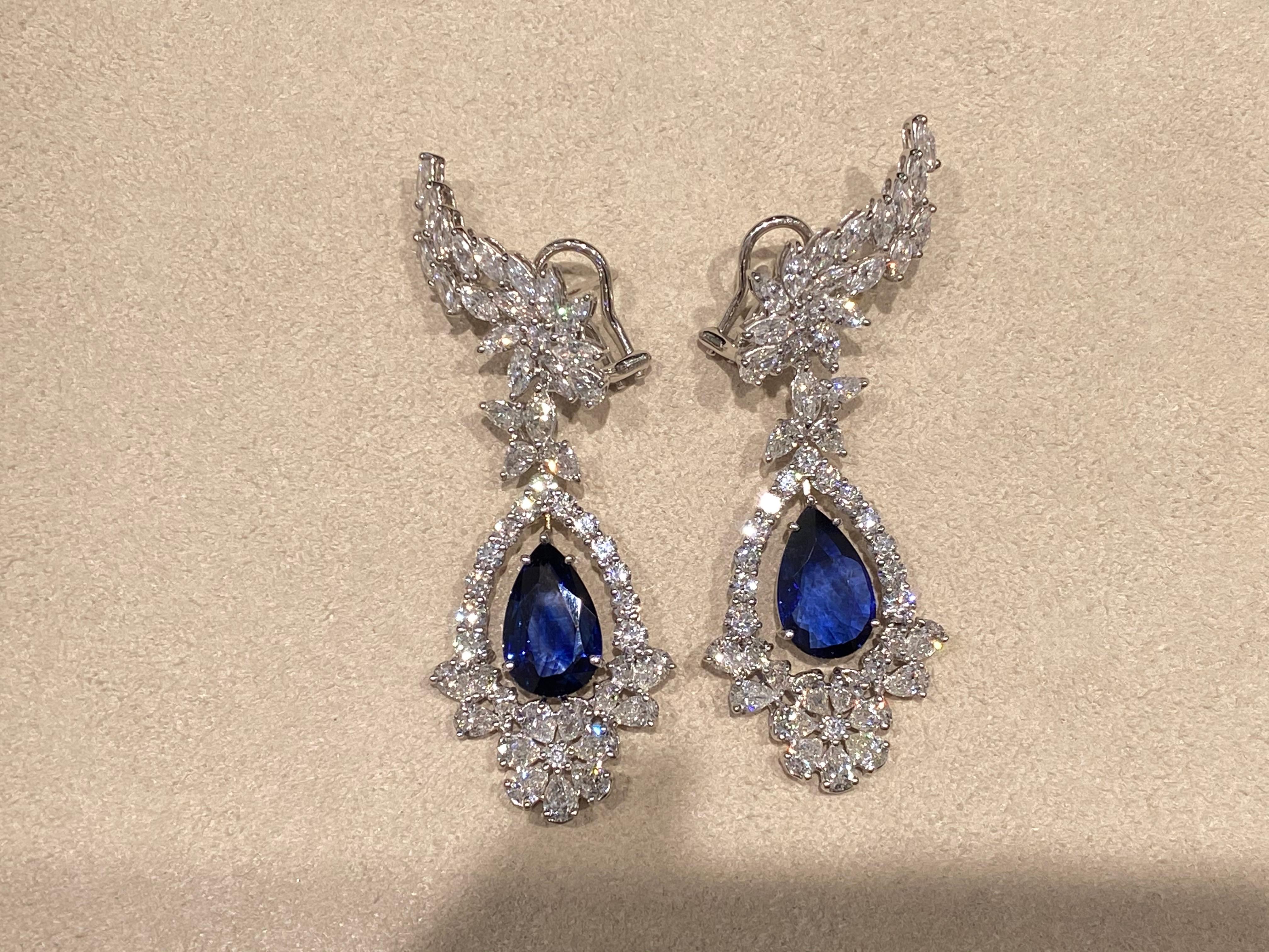 10.58 Carat Pear Shape Sapphire and 10.34 Carat Diamond Floral Drop Earrings In New Condition In Houston, TX