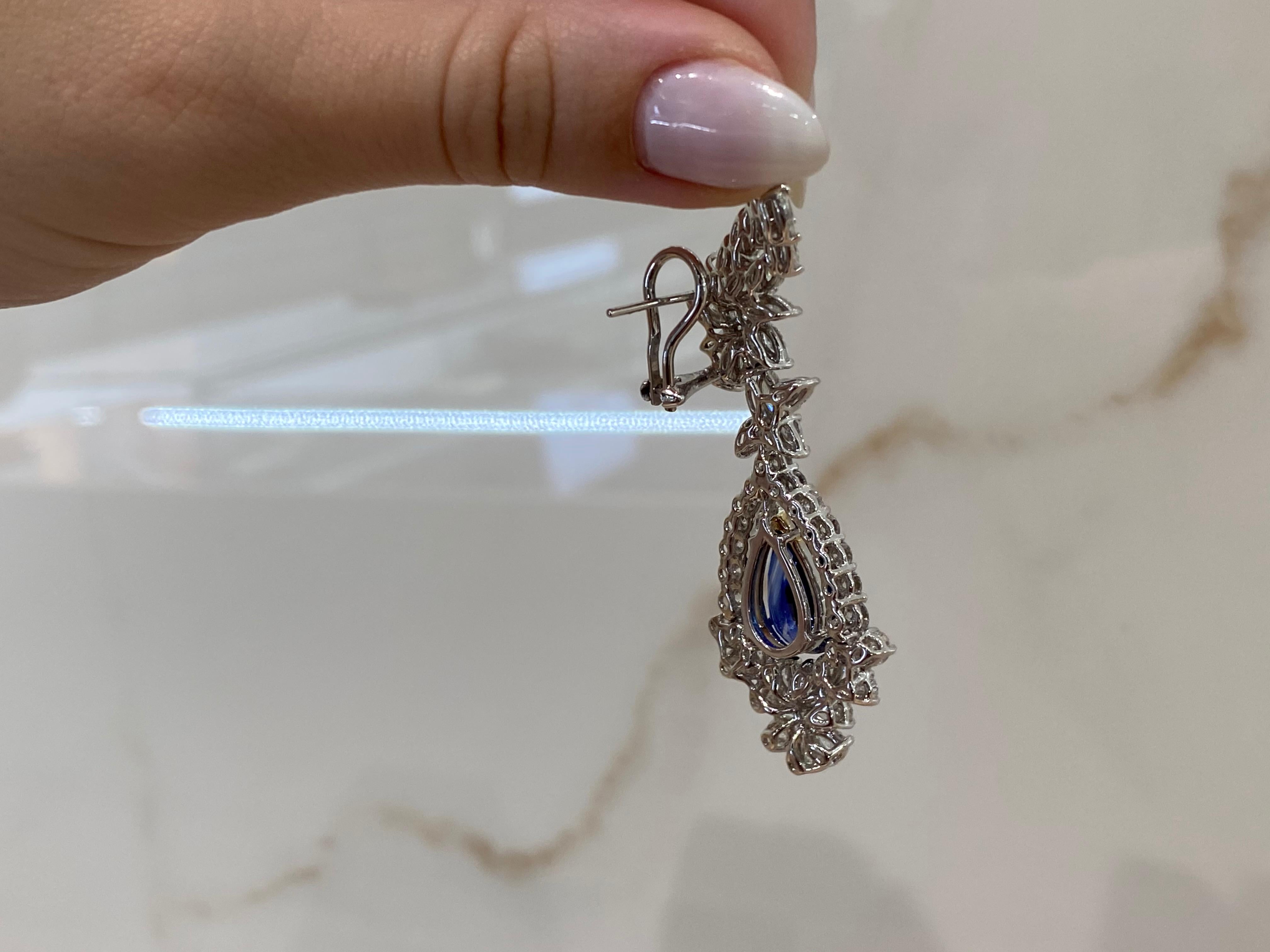 Femenino o masculino Pendientes Florales de Zafiro en Forma de Pera de 10,58 Quilates y Diamantes de 10,34 Quilates