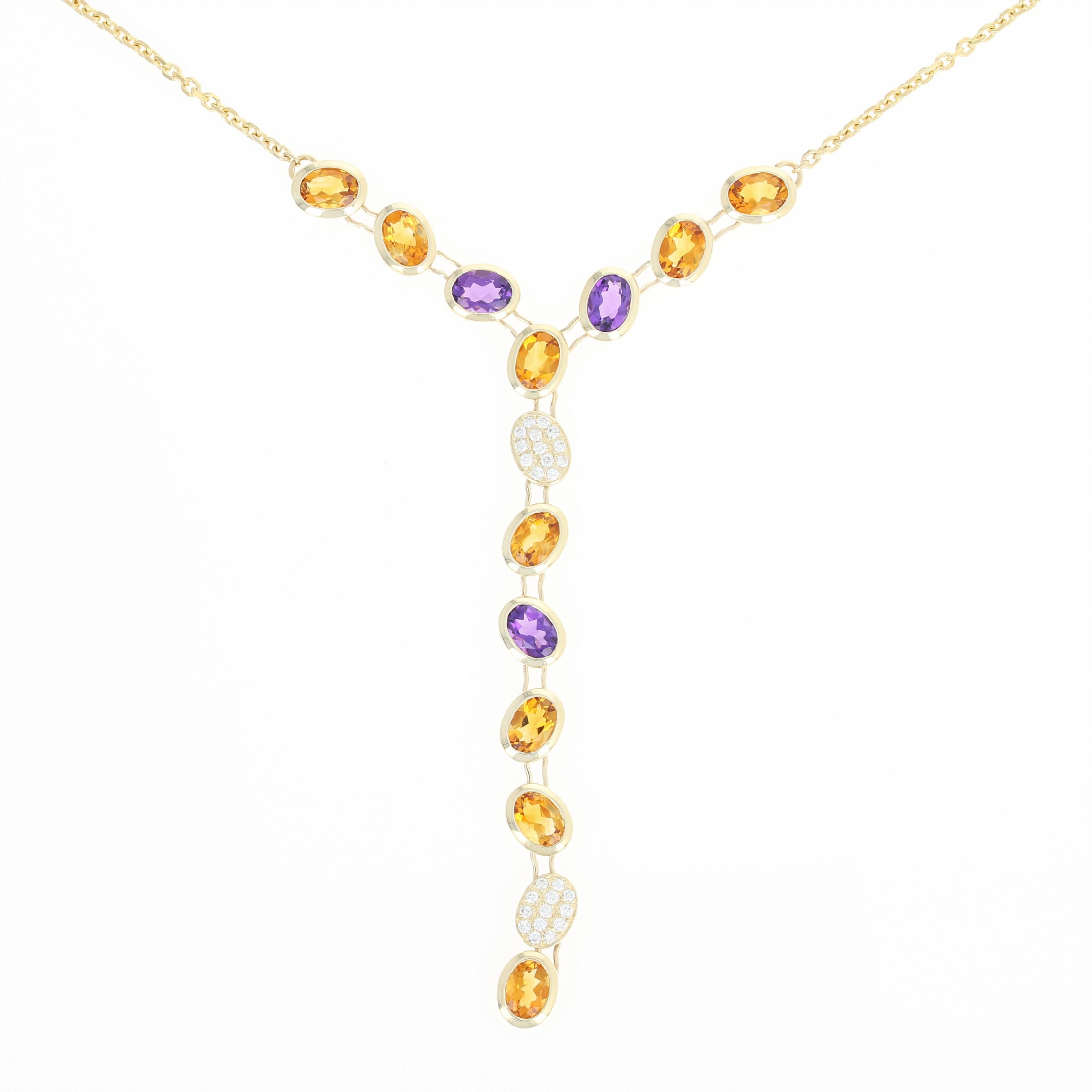 Sweet drops of sunshine! Fashioned in 14k yellow gold, this cable chain necklace showcases an attached Y-shaped drop pendant adorned with a cascading array of glowing citrines, vivacious amethysts, and glittering diamonds that are ready to dazzle