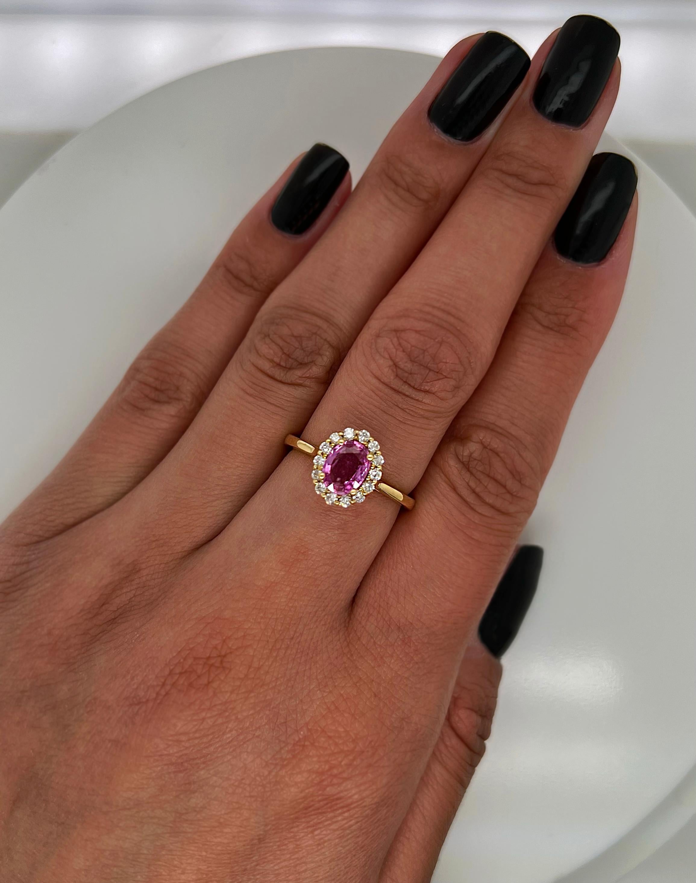 Oval Cut 1.33 Total Carat Pink Sapphire Diamond Halo Ladies Ring For Sale