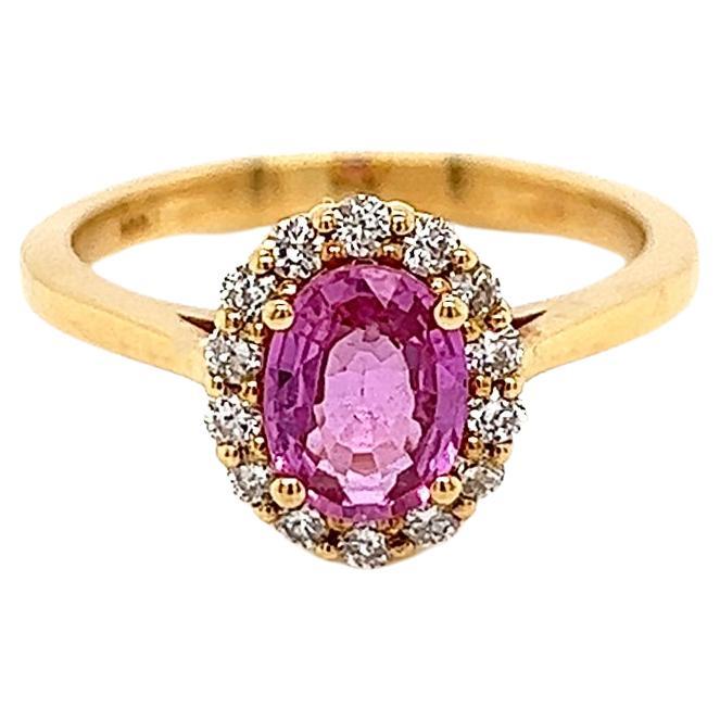 Bague pour femme avec halo de diamants et saphirs roses de 1,33 carat au total en vente