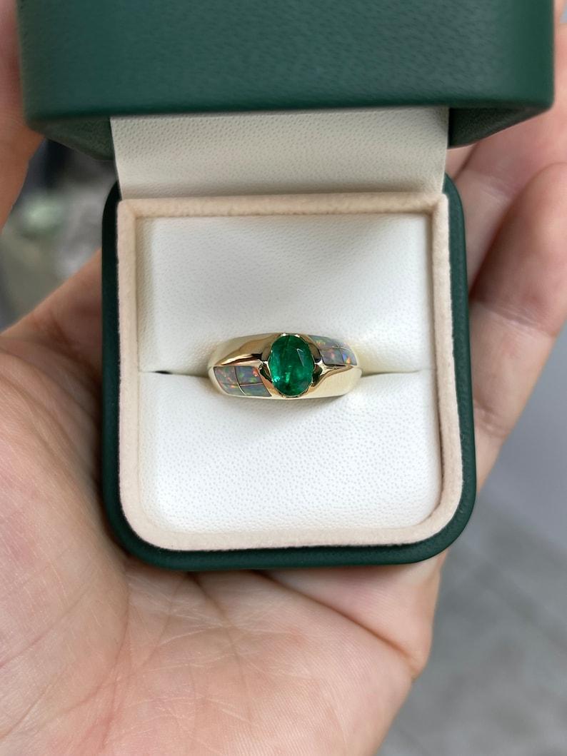 Modern 1.05ct 14K Rich Green Oval Emerald & Opal Accent Ring Vertical Tension Bezel Set For Sale