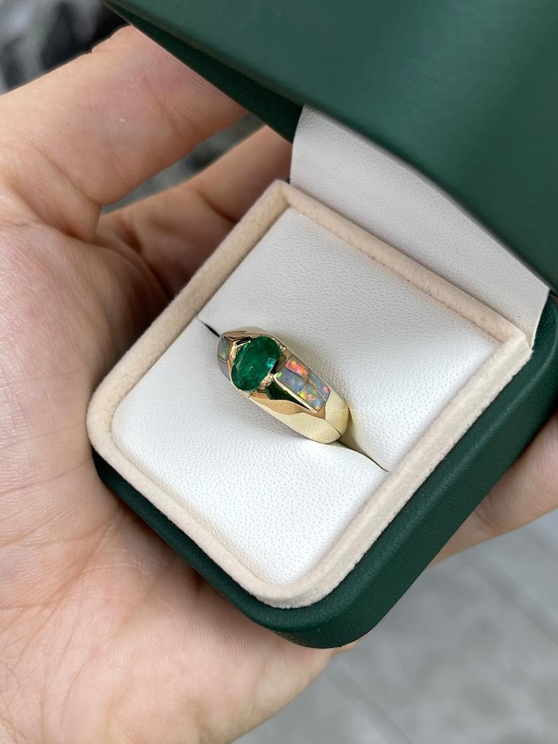 Oval Cut 1.05ct 14K Rich Green Oval Emerald & Opal Accent Ring Vertical Tension Bezel Set For Sale