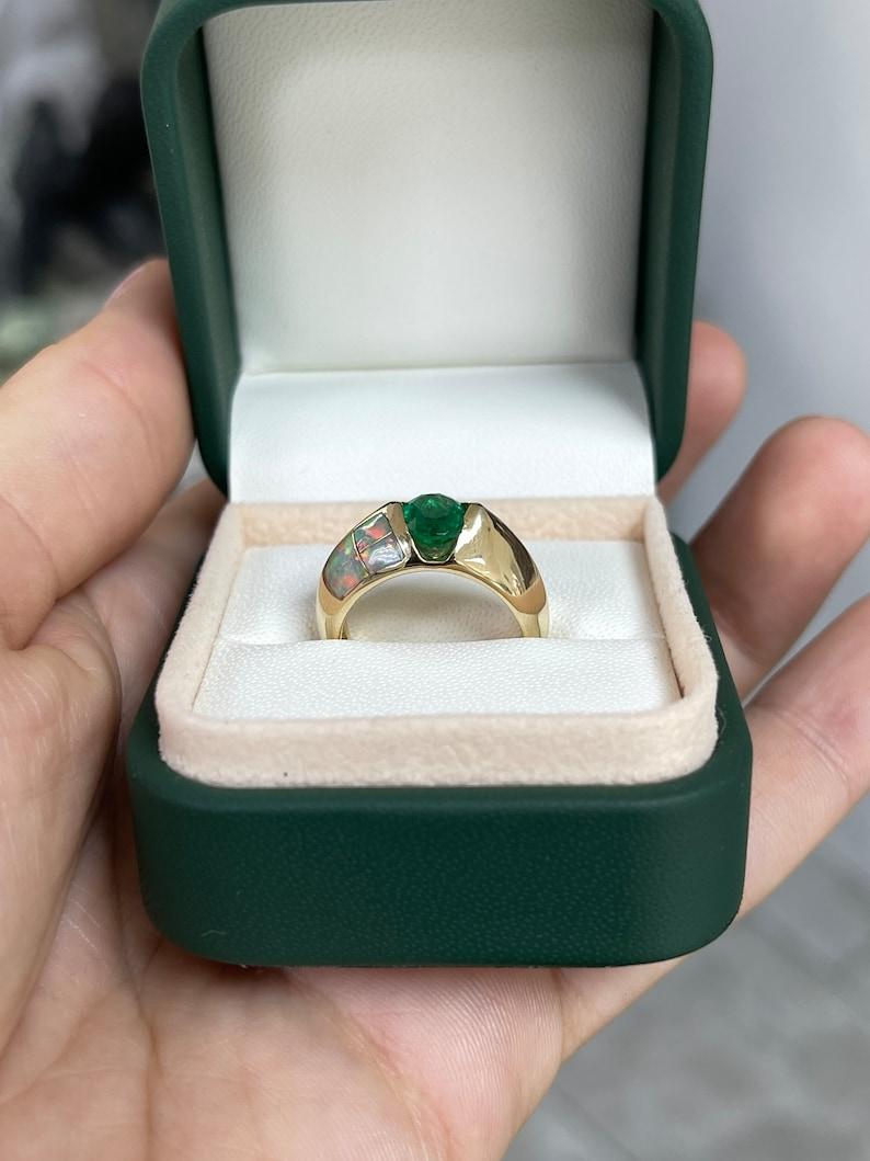 Men's 1.05ct 14K Rich Green Oval Emerald & Opal Accent Ring Vertical Tension Bezel Set For Sale
