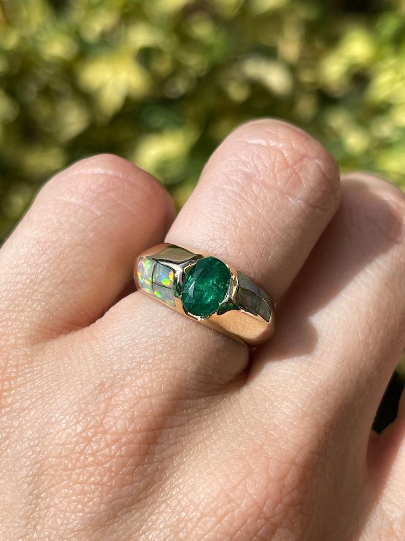 1.05ct 14K Rich Green Oval Emerald & Opal Accent Ring Vertical Tension Bezel Set For Sale 1