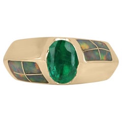 1,05 Karat 14K reichhaltiger grüner ovaler Smaragd & Opal Akzent Ring Vertical Tension Lünette Set