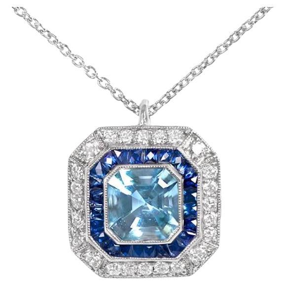 1,05 Karat Aquamarin-Anhänger im Asscher-Schliff, Saphir & Diamant-Halo, Platin im Angebot