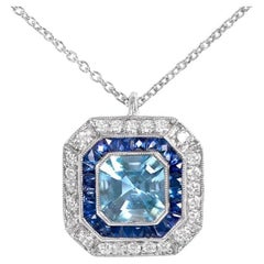 1.05ct Asscher Cut Aquamarine Pendant, Sapphire & Diamond Halo, Platinum