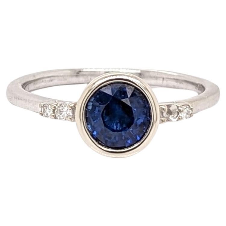 1.05ct Blue Sapphire Ring w Diamond Accents in Solid 14k White Gold Round 6mm