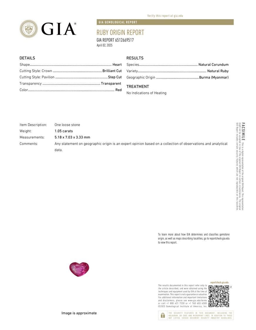 Rubí sin calentar BURMA certificado por GIA de 1,05 ct en Nuevo Estado en Singapore, SG